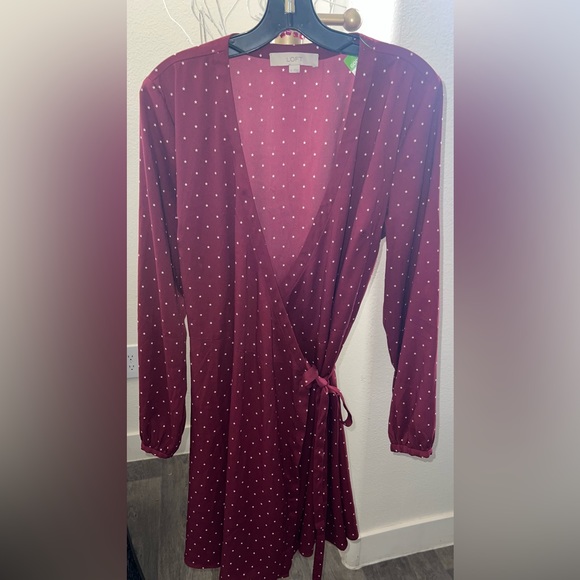 LOFT WINE COLORED POLKA DOT WRAP DRESS - LG - Picture 2 of 2